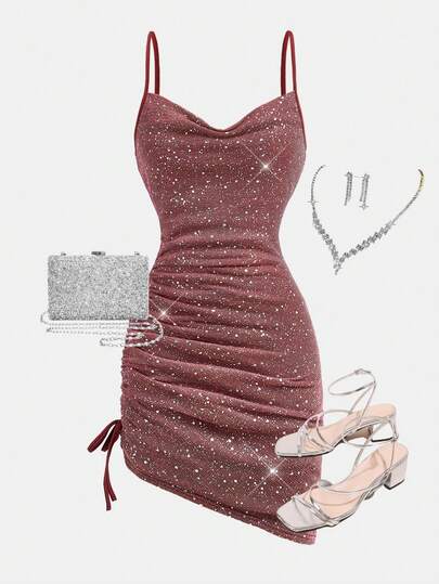 SHEIN Girlism Teen Girls' Pink Knit Metallic Thread Spaghetti Strap Ruched Waist Snug Fit Mini Party Dress