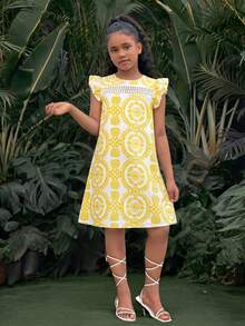 Tween Girls Simple Print Cap Sleeve Dress - Yellow - View 8