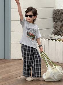 DAZY 两件套男童山形字母印花圆领短袖T恤和格子裤休闲套装 - 灰色 - 查看 3