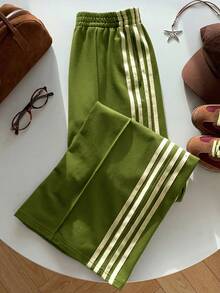 Comfortcana Women's Casual Everyday Commute School Sports Elastic Waist Green Contrast Striped Side Loose Wide Leg Sweatpants, Spring/Summer - Green - View 6