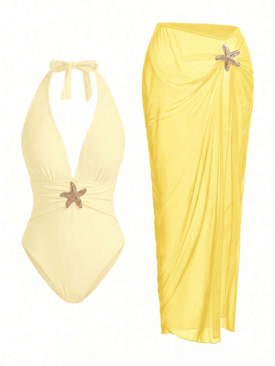 Swim Oasis Sunner Vacation Set Baju Renang Terusan Elegan dan Romantis dengan Dekorasi Bintang Laut Mewah - Krem - View 1