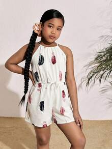 SHEIN SLAYR KIDS 女童碎花露背无袖休闲连体衣，度假风，时尚法式优雅，返校季 - 白色 - 查看 3