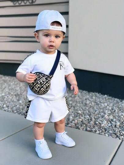 Bubblio 3pcs/Set Baby Boy Summer Casual Letter Print Short Sleeve T-Shirt, Elastic Waist Shorts, Bonus Sling Bag Set,,StreetwearSuitable For Indoor, Outdoor, Daily, Sports, Play, Party, Photo Shoot, Vacation, Holiday, Wedding, Baby Shower, Christening And 1st Birthday Celebration, Spring/Summer ,Summer Outfits, Easter Gift For Baby