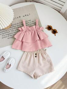 Babygirl Cute Summer Vacation Ruffle Strap Top And Shorts Set - Multicolor - View 1