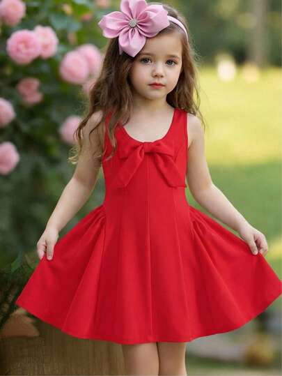 SHEIN Röd rosettdekorerad midjedesign för ung flicka, matchande röd systeroutfit