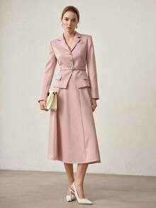 MOTF PREMIUM 2PCS/SET ELEGANT COMMUTER BLAZER& A-LINE SKIRT SUIT, SPRING/SUMMER - Pink - View 4