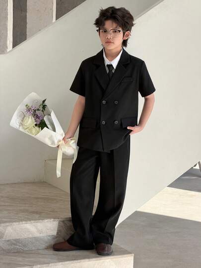 DAZY Tween Boy Solid Color Notched Collar Double-Breasted Short Sleeve Top And Long Pants Gentleman Party Suit Set