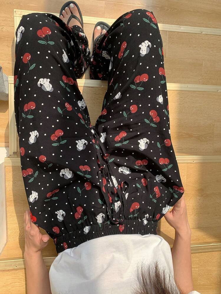 Dazy Plus Plus Size Cherry & Puppy Print Pajama Bottoms