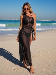 Swim Vcay New Black Sheer One-Shoulder Cover-Up, Cinched Waist Long Swimsuit Dress - Black - View 4