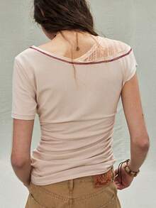 SoleilVie Women's Casual Apricot Knitted Semi-Sheer Short Batwing Sleeve T-Shirt With Contrast Collar And Letter Pattern - Apricot - View 2