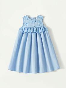 Maija Kids 1件装少女休闲优雅精致宽松梭织刺绣镂空荷叶边蓝色无袖连衣裙，适合日常穿着、返校、郊游、聚会、节日、春夏穿着。 - 藍色 - 查看 2