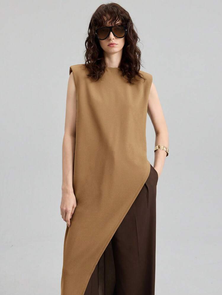 2026 Spring/Summer Women's Color Block Sleeveless Loose Asymmetric Hem Long Blouse, Versatile For Urban Commute, Business, Casual, Elegant For Occasions Like Valentine's Day, Summer Wedding Guest, Holiday, Beach, Office