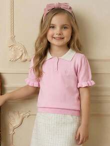 PrepCrw 女童学院风蝴蝶结刺绣Polo领短袖毛衣 - 粉色 - 查看 8