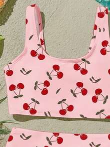 SHEIN 少女休闲简约吊带背心和三角比基尼泳衣套装，适合夏季穿着 - 彩色 - 查看 3