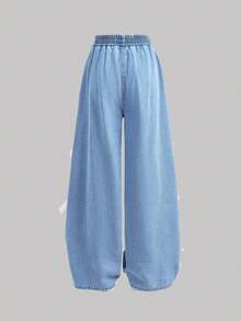 Girlism Teen Girl Pink Ribbon Bow Accent Blue Denim Loose Fit Pants,Kid Girls Spring And Summer Casual Vacation Country Boho Wear, Beach Middle Shorts Outfits For Kid Girls, Western Street Wear For Girl, Spring Break Outfits, Rave Outfits Festival Denim  Pants - Light Wash - View 2