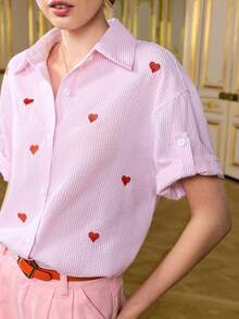 LOTSLUV Damen Valentinstag Herz gestreiftes lässiges Hemd mit Stickerei - Pink - Übersicht 7
