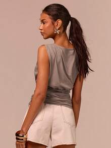 COSMINA 无袖荷叶边T恤，优雅通勤装，百搭日常T恤，休闲百搭T恤，灰棕色 - 灰色 - 查看 2