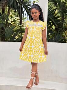 Tween Girls Simple Print Cap Sleeve Dress - Yellow - View 4