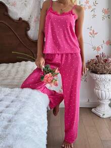 SHEIN Women's Knitted Ribbed Contrast Lace Heart Print Camisole And Long Pants Pajama Set, Suitable For All Seasons - Hot Pink - View 3