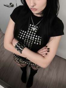 SHEIN Gothic Punk Rock Hip-Hop Women's Short-Sleeved T-Shirt, Sexy And Slimming, Fashionable And Casual Basic Crop Top, Y2K Emotional Girls' Clothing - Black - View 7