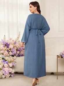 Al Najma Blue V-Neck Bat Wing Tie Waist Flattering Dress - Blue - View 3