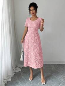 Elenzga Blue 3D Embossed Fabric Square Neck Women Short Sleeve A-Line Dress - Pink - View 4