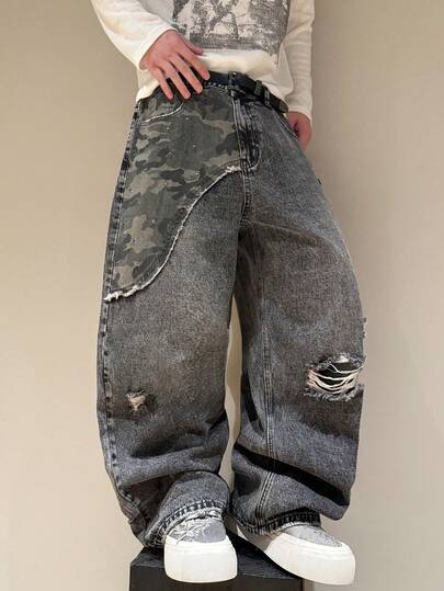 Manfinity EMRG Herrjeans med raka ben och ficklappar, sliten design, avslappnad passform