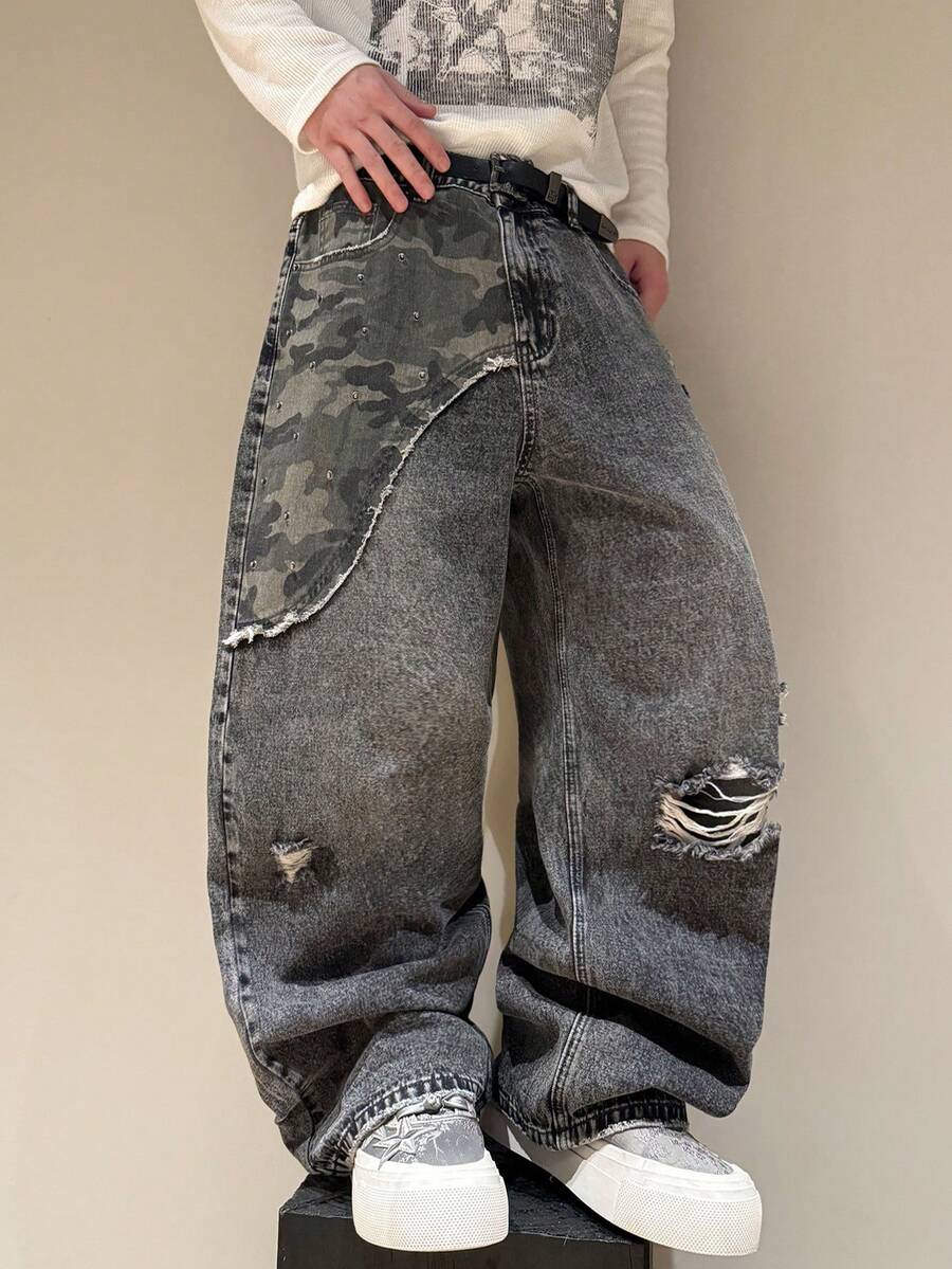 Manfinity EMRG 男士口袋拼接做旧设计休闲宽松直筒牛仔裤 - 灰色 - 查看 1