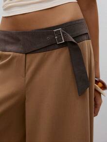 ATUI Studio Women's Contrast Color Waist Wide Leg Pants,All Shades Of Brown,Autumn,Minimalist,Office Spliced Khaki Casual Fashion Loose Commuting Multifunctional - Khaki - View 3