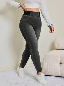 SHEIN Tall Women's Casual Washed High Waist Slim Fit Jeans Autumn/Winter Elastic Waistband High-Stretch Comfort Fabric Dark-Wash Skinny Jeans - Grey - View 5