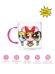THE POWERPUFF GIRLS X SHEIN 1Pc 17.6oz/520ml Cute Cartoon Pattern Printed Shiny Handle Decorative Borosilicate Glass Mug, Cold And Heat Resistant, Suitable For Milk, Juice, Coffee, Etc., Love, Bubbles, Blossom, Buttercup,Gift Ideas - 無色 - 查看 3