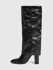 Daringsoles Women's Pointy Sexy Women's Boots Side Zipper Autumn And Winter Boots PU Leather Pants Boots Vacation Party Women's Boots Gorgeous Black Thick Heel Buckle - Black - View 4