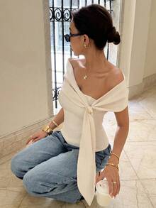 Siren Gaze 新款露肩金属扣装饰女式衬衫，春夏款 - 杏色 - 查看 5