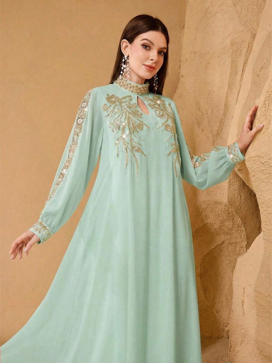SHEIN Najma 优雅蕾丝边饰串珠装饰女式连衣裙 - 薄荷綠 - 查看 1