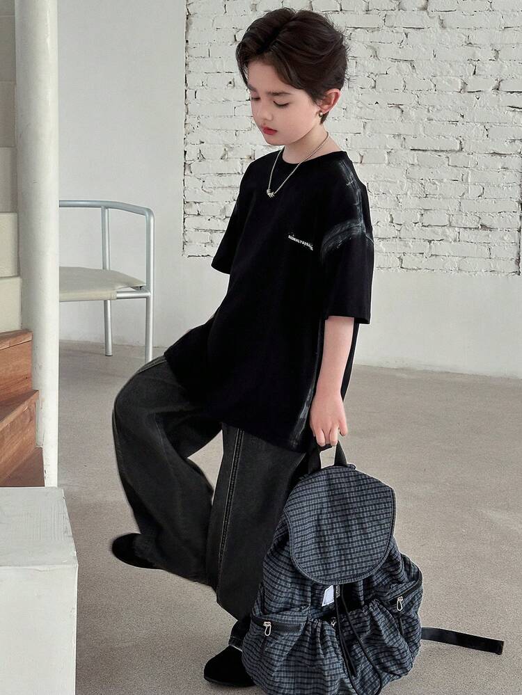 Tween Boy Casual Fashionable Street Daily Commute Slogan Print Elastic Waist Patchwork Pocket Loose Wide Leg Jeans