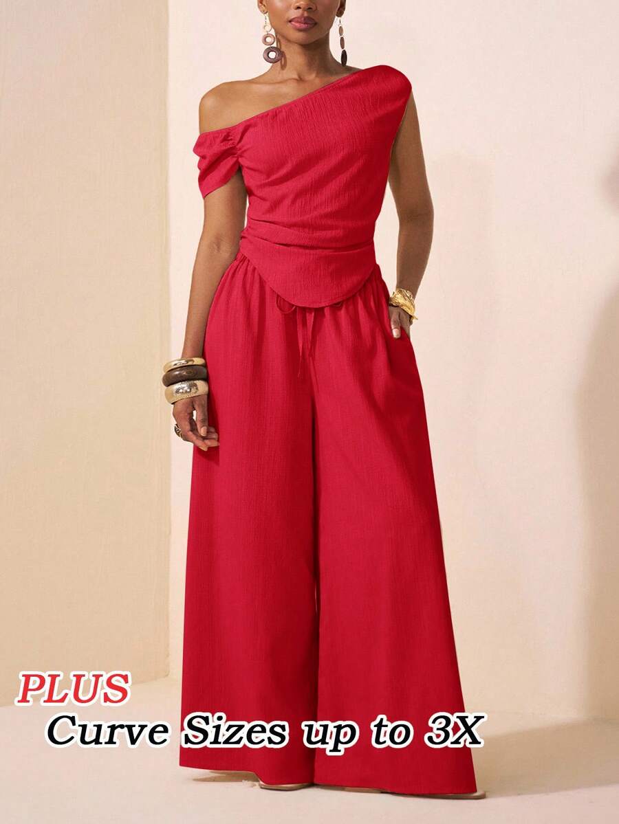 Veslaya Red Summer Elegant Party Women Plus Size Two Pieces Set,Asymmetric Shoulder Ruched Cropped Top And Wide Leg Pants With Pockets,Textured Fabric Outfit - Red - View 1