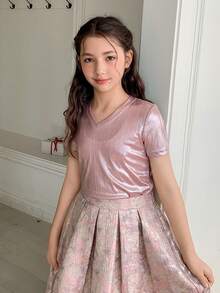 DAZY 少女V领针织短袖T恤，秋季款 - 粉色 - 查看 1