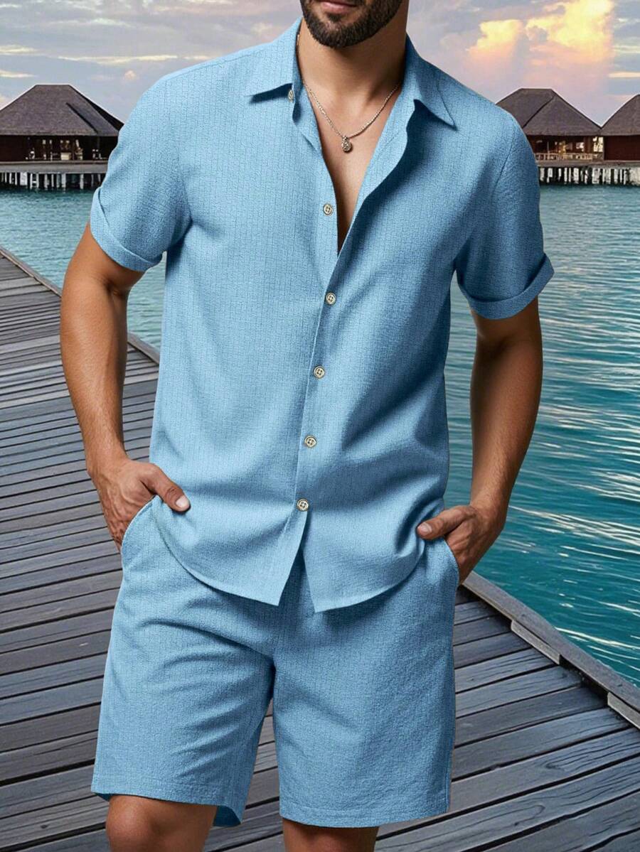 Manfinity RSRT Men's Casual Vacation Short Sleeve Shirt Set - Baby Blue - View 1