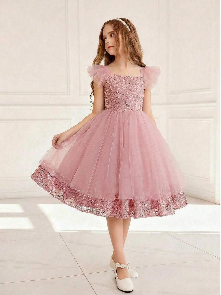 Đầm ngắn dáng chữ A xếp lớp tay ngắn đính sequin lưới cho bé gái dự tiệc cưới, tiệc tùng, sinh nhật, biểu diễn. - Hồng - Xem 1