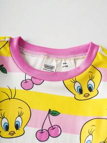LOONEY TUNES X SHEIN Baby Girl Cartoon Tweety Bird & Cherry Print Cute Sweet Graphic Long Sleeve T-Shirt And Leggings Pajama Set - Pink - View 3