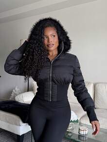 Tyla Gomez Zip Up Fuzzy Trim Hooded Crop Puffer Black Coat In Fall/Winter - Black - View 4