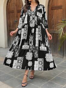 Vivie Lora Women's Loose Fit Mid-Length Graphic Print Dress, Black & White - Black and White - View 4