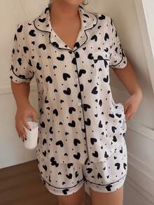 Dream Adore Plus Size Women Striped Heart Print Lapel Short Sleeve Shorts Pajama Set - Multicolor - View 5