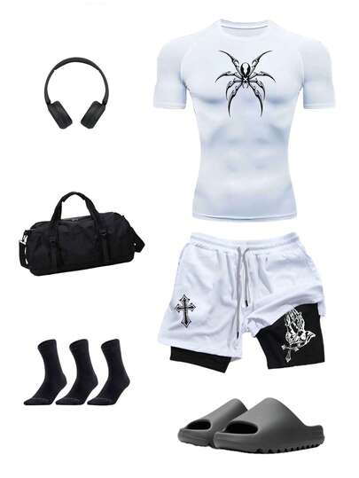 Manfinity Sport Corelite Men's Simple Print Short Sleeve Shorts Sports Suit