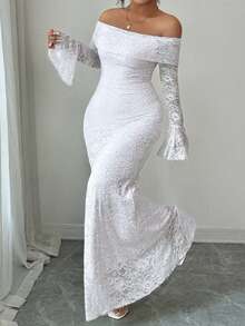 Elenzga 大码女式纯色简约日常穿搭露肩蕾丝长袖连衣裙 - 白色 - 查看 4