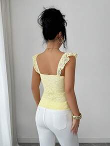 SHEIN Elenzya Elegant Sleeveless Women's Top. Soft Lace Fabric In Light Yellow, Ruffle Hem Flattering Slim Fit Design, Suitable For Daily Outings, Commuting, Dates, Parties, And Various Occasions - Yellow - View 2
