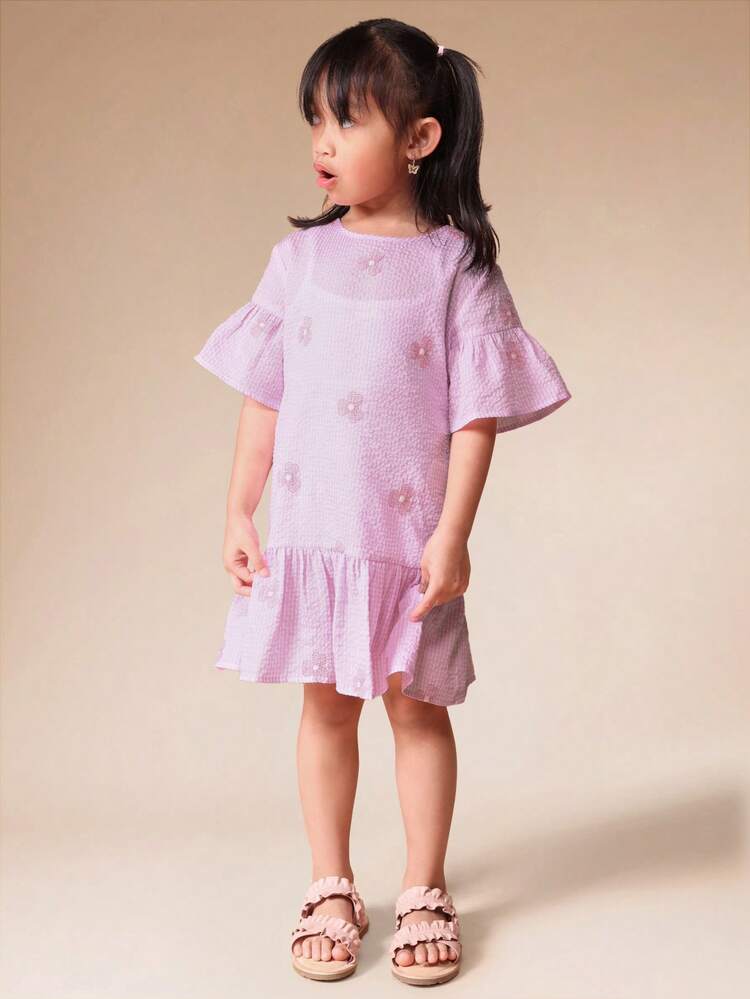 Abito a balze con stampa floreale e maniche corte a campana