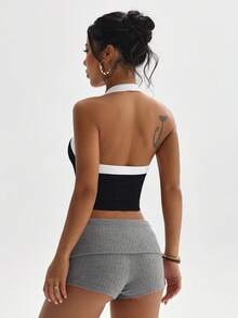 Dewbera 女士休闲运动撞色露背吊带背心 - 黑色 - 查看 2