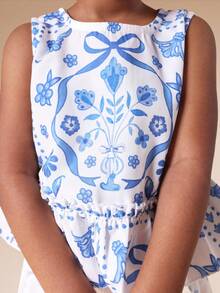 SUMWON Girls Peplum Tank Top Wide Leg Palazzo Pants Co-Ord Set Folk Print Summer Outfit Festive Occasionwear - Blue and White - View 5