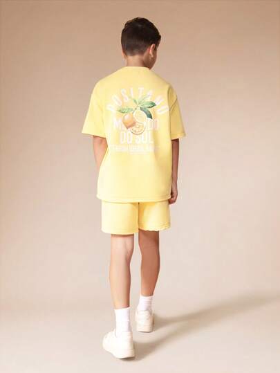  SUMWON Boys Summer Short Sleeve Crew Neck T-Shirt And Coordinating Shorts Two Piece Set With Citrus Graphic Print Casual